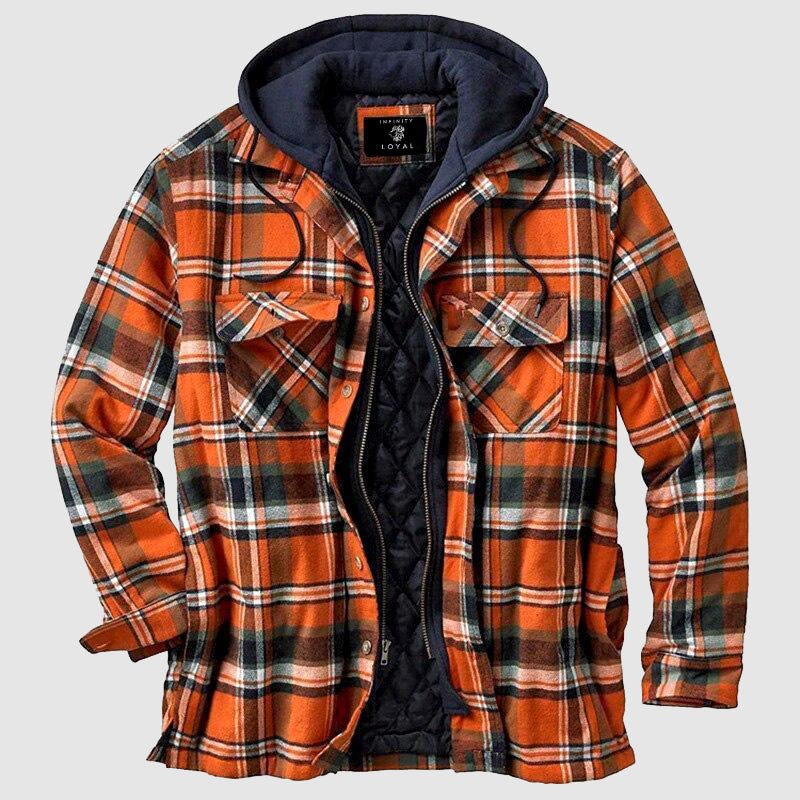 Men's plaid hooded jacket with quilted lining and chest pockets