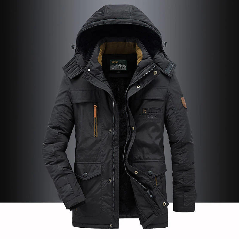 Men's hooded mid-length parka with zip front and multiple utility pockets