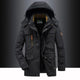 Men's hooded mid-length parka with zip front and multiple utility pockets