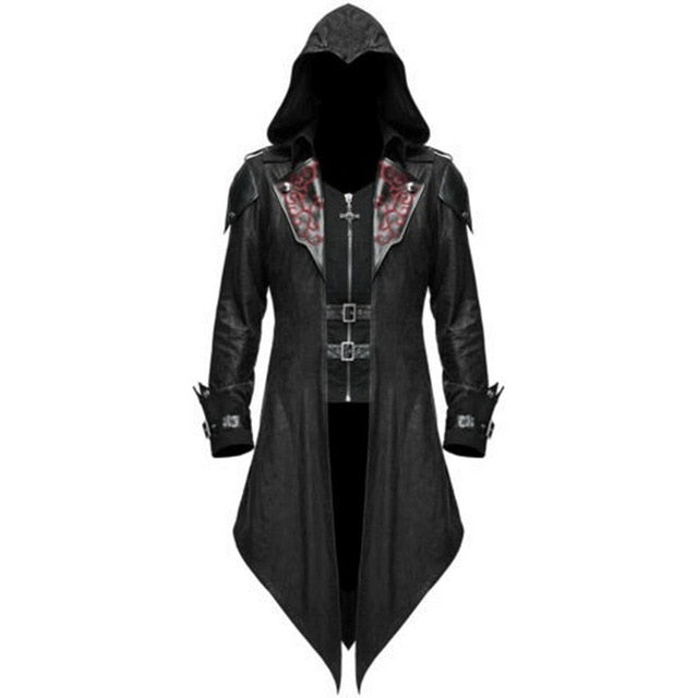 Men's hooded gothic coat with buckle fastenings and pointed tails