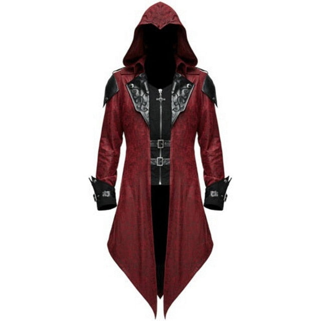 Men's hooded gothic coat with buckle fastenings and pointed tails