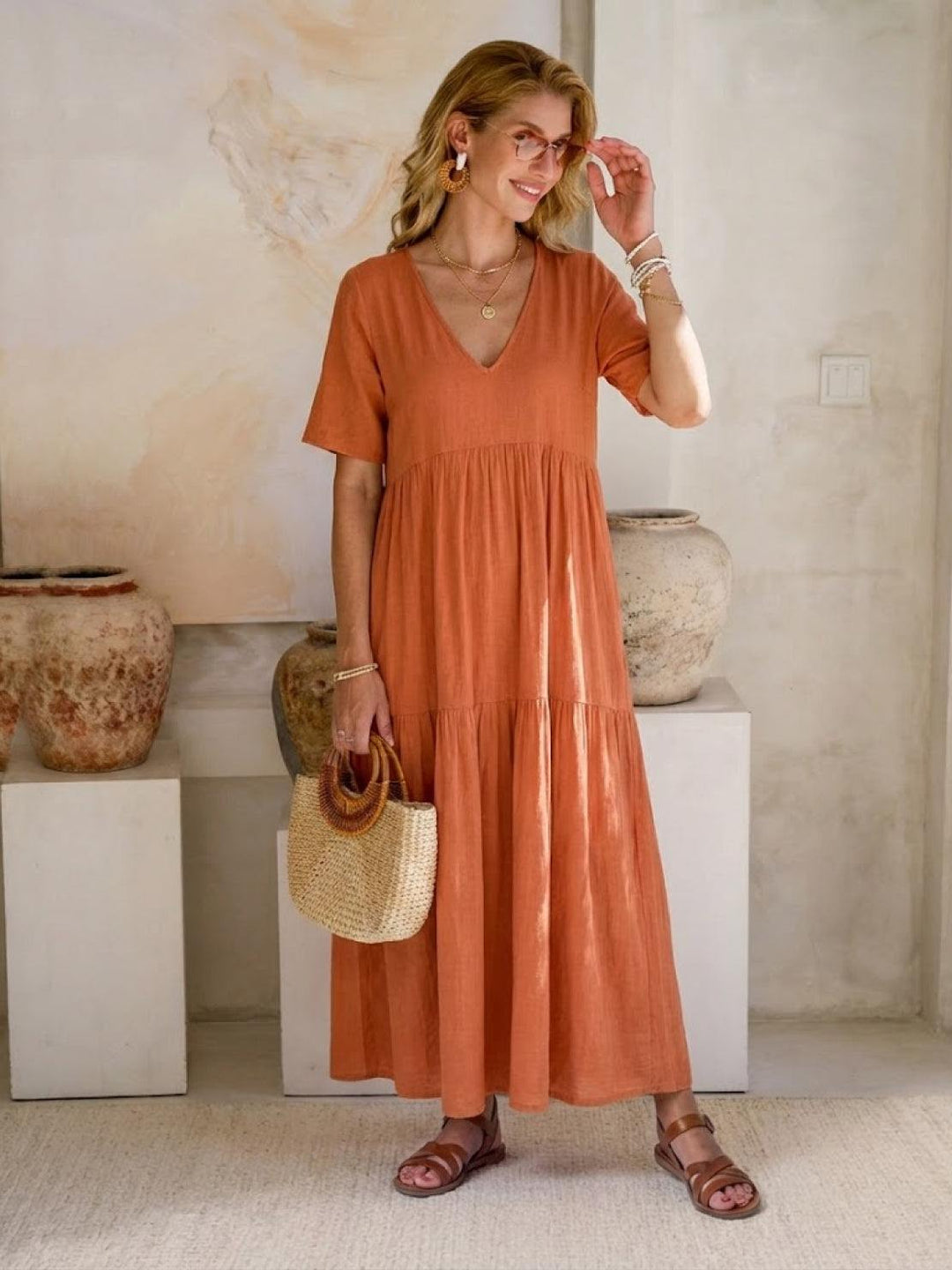 Women's Tiered Maxi Dress — V-Neck Boho Flowing Summer Dress