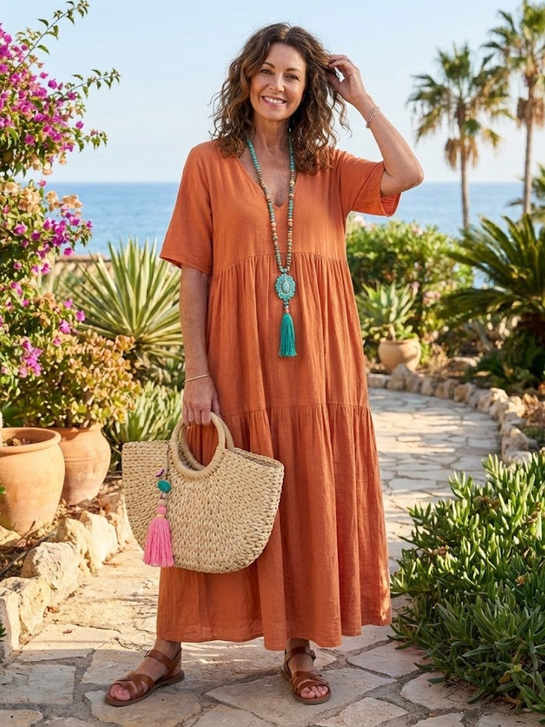 Women's Tiered Maxi Dress — V-Neck Boho Flowing Summer Dress