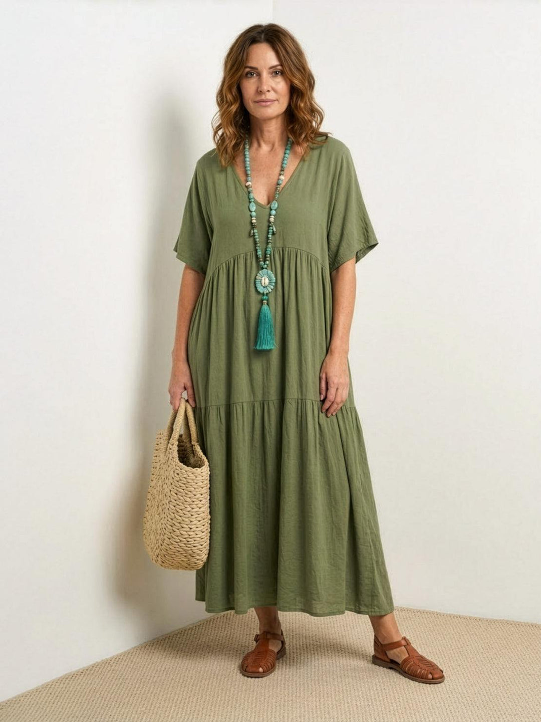 Women's Tiered Maxi Dress — V-Neck Boho Flowing Summer Dress