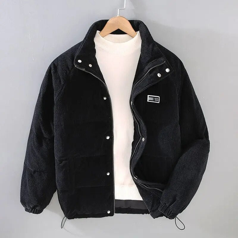 Men's ribbed corduroy padded jacket with high collar and front pockets