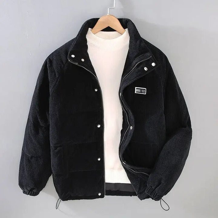 Men's ribbed corduroy padded jacket with high collar and front pockets