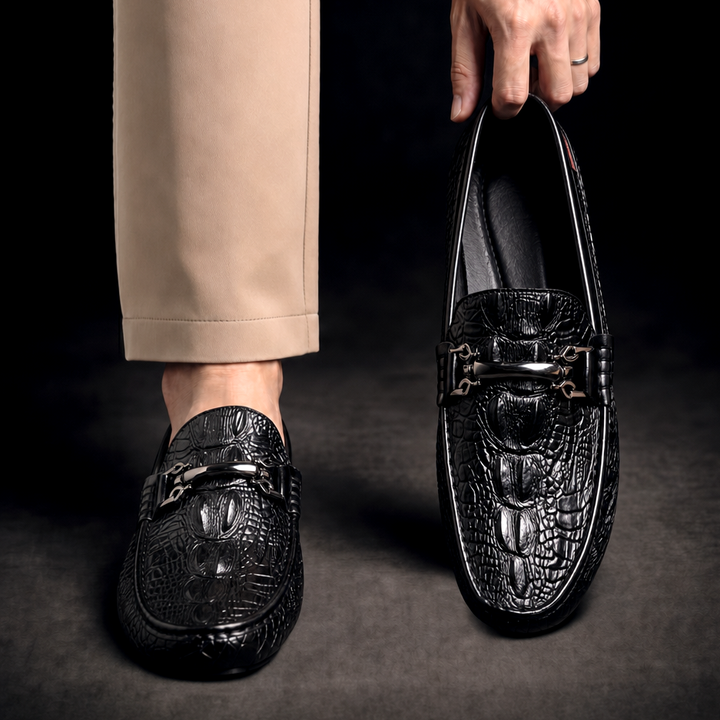 Croc texture loafers with metal bit detail and rounded toes