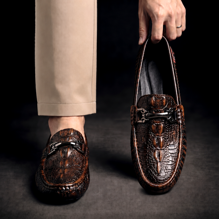 Croc texture loafers with metal bit detail and rounded toes