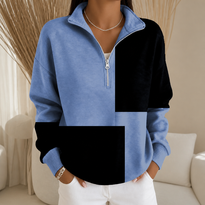 Women's blue and black colourblock half-zip sweatshirt with stand collar and long sleeves