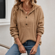 Women's ribbed knit hooded sweater with button placket and long sleeves