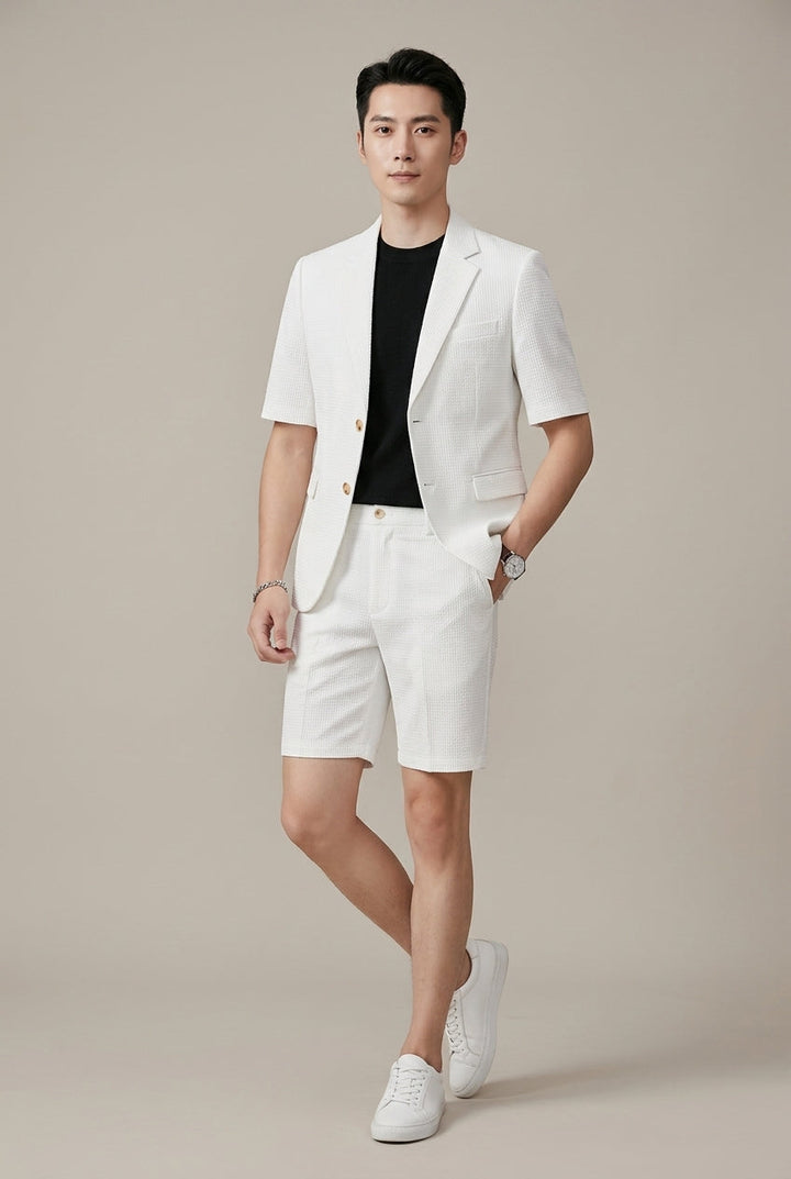 Men's rust textured short-sleeve blazer and matching shorts two-piece set