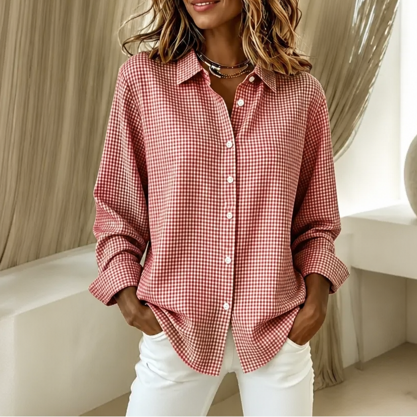 Women's checked long-sleeve button-down shirt with pointed collar and curved hem