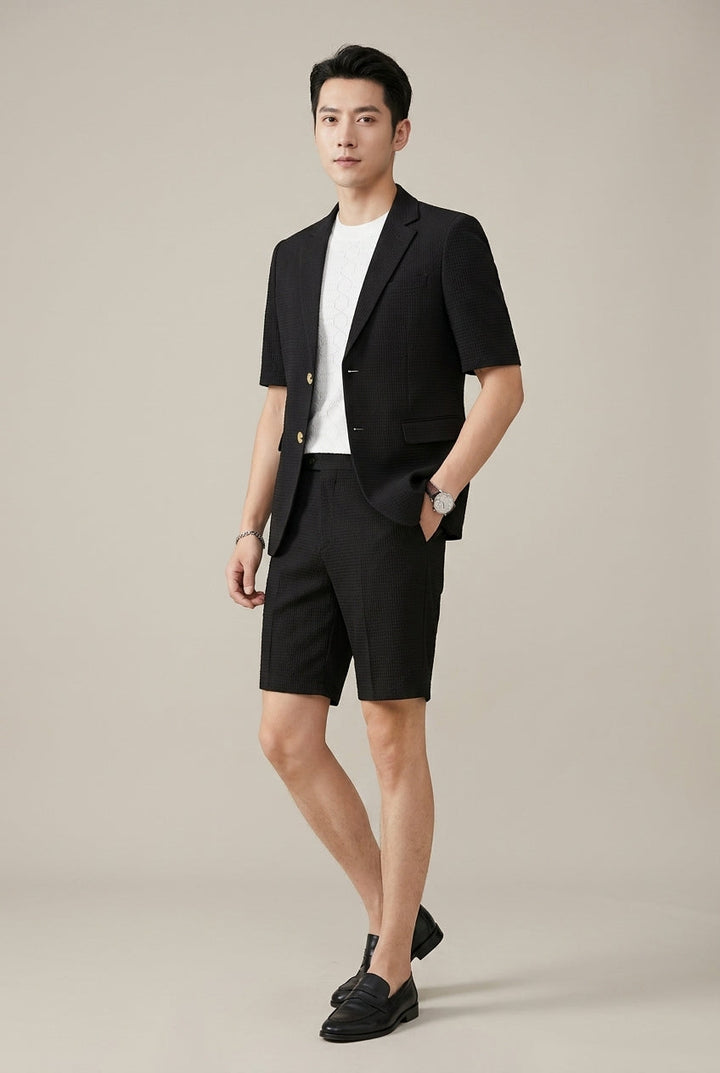 Men's rust textured short-sleeve blazer and matching shorts two-piece set