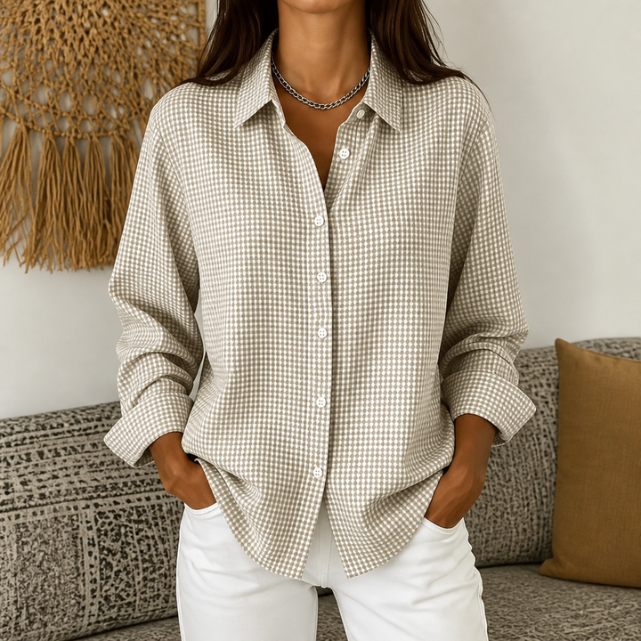 Women's checked long-sleeve button-down shirt with pointed collar and curved hem