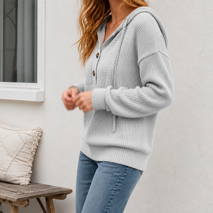Women's ribbed knit hooded sweater with button placket and long sleeves