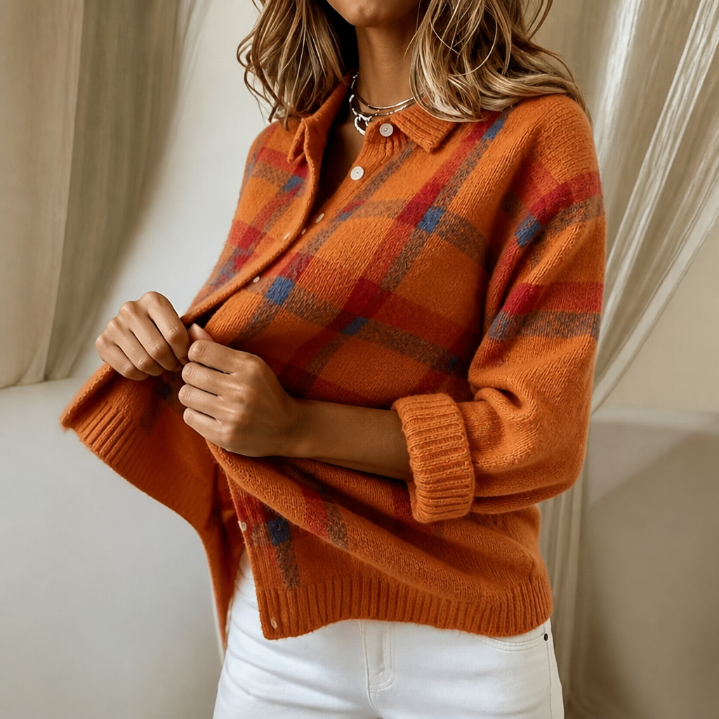 Women's plaid cropped cardigan with shirt collar, long sleeves and button front