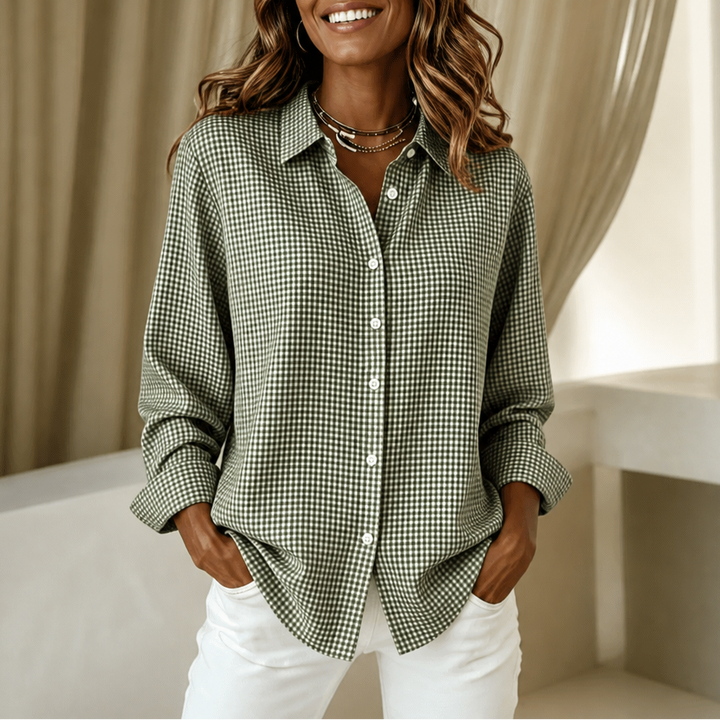 Women's checked long-sleeve button-down shirt with pointed collar and curved hem