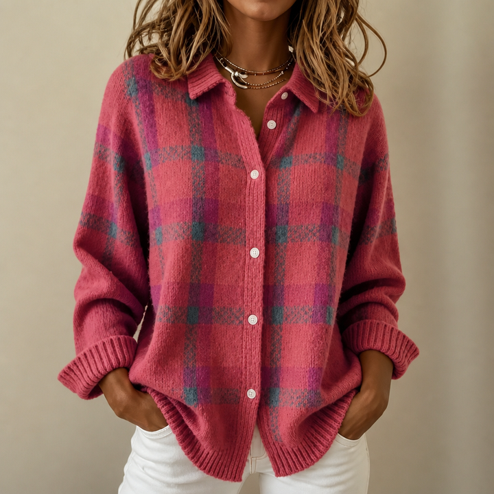 Women's plaid cropped cardigan with shirt collar, long sleeves and button front