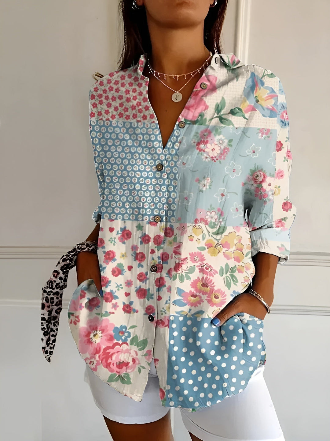 Women's Abstract Print Blouse — Split V-Neck Button-Front Roll-Up Sleeve Top