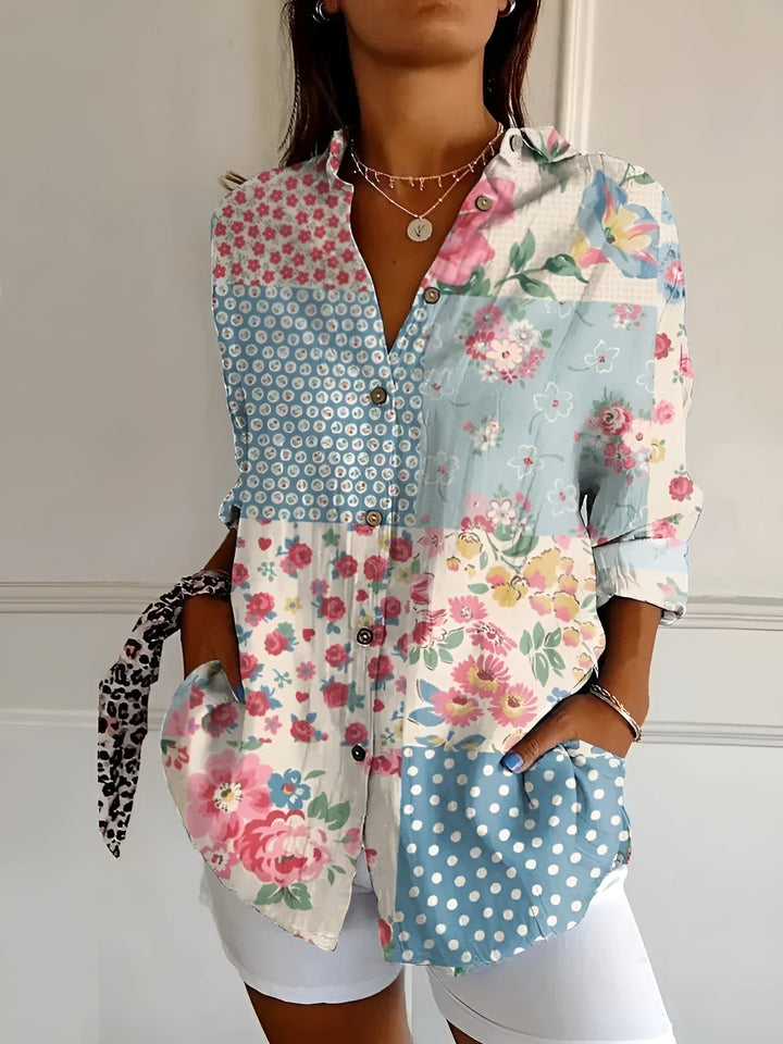Women's Abstract Print Blouse — Split V-Neck Button-Front Roll-Up Sleeve Top