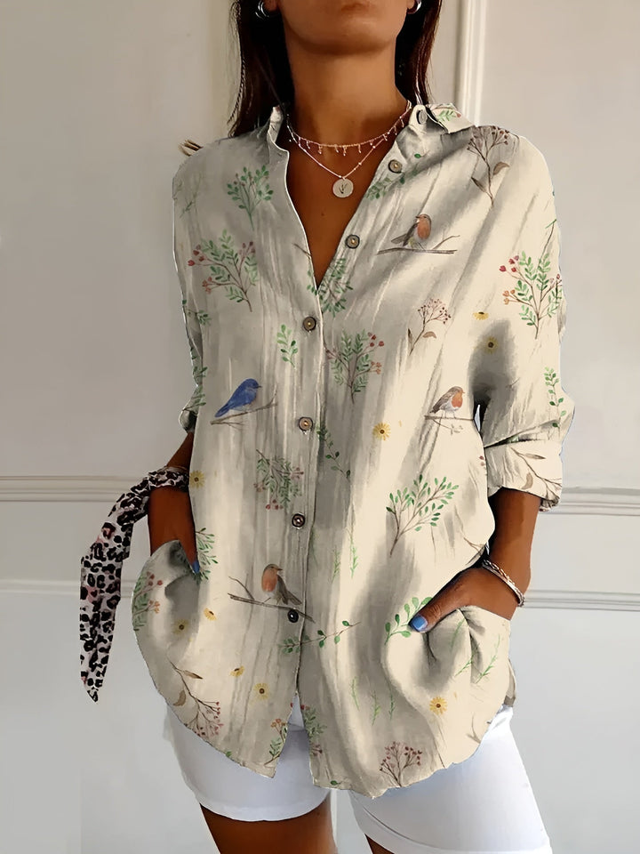 Women's Abstract Print Blouse — Split V-Neck Button-Front Roll-Up Sleeve Top