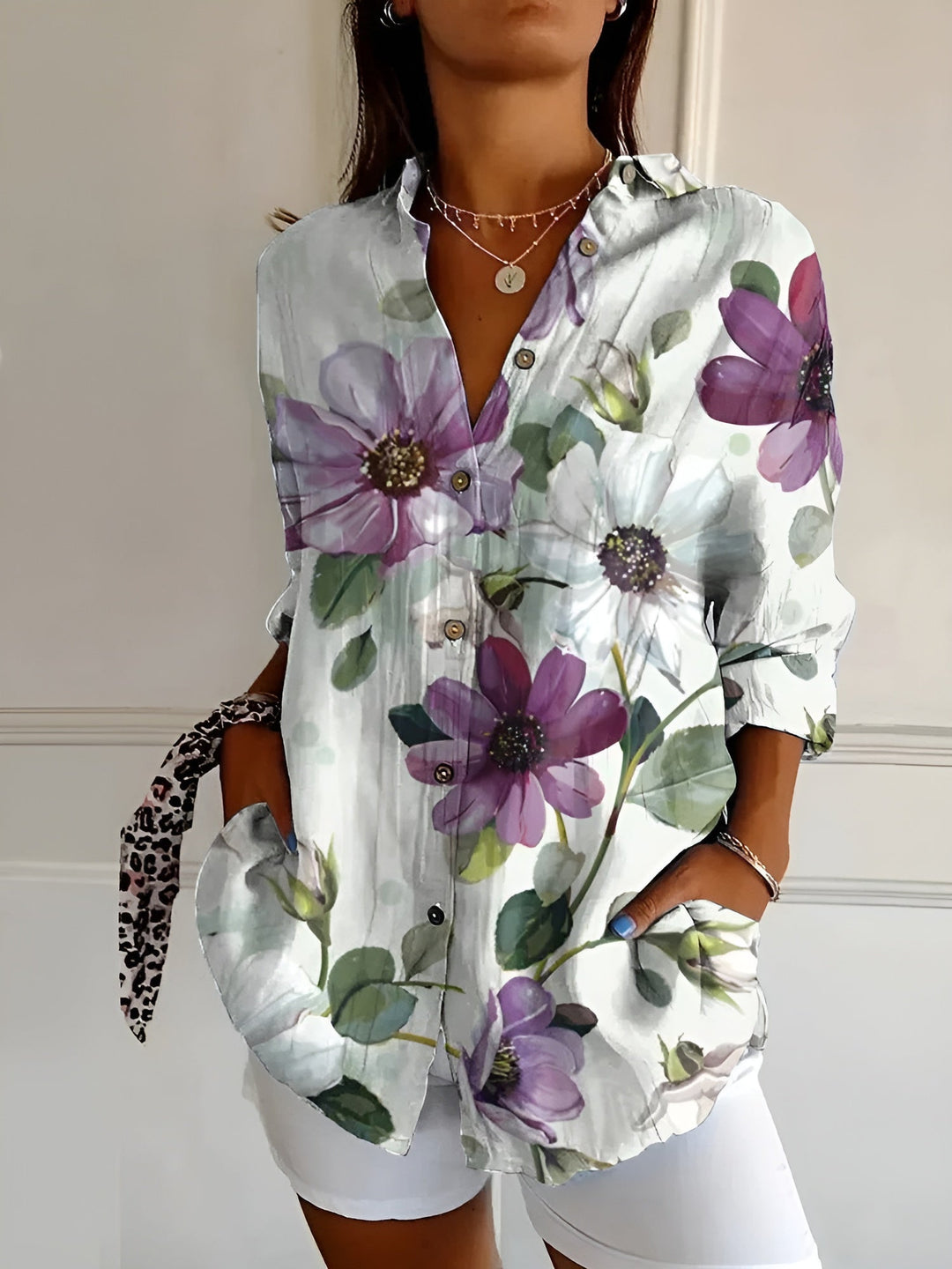 Women's Abstract Print Blouse — Split V-Neck Button-Front Roll-Up Sleeve Top
