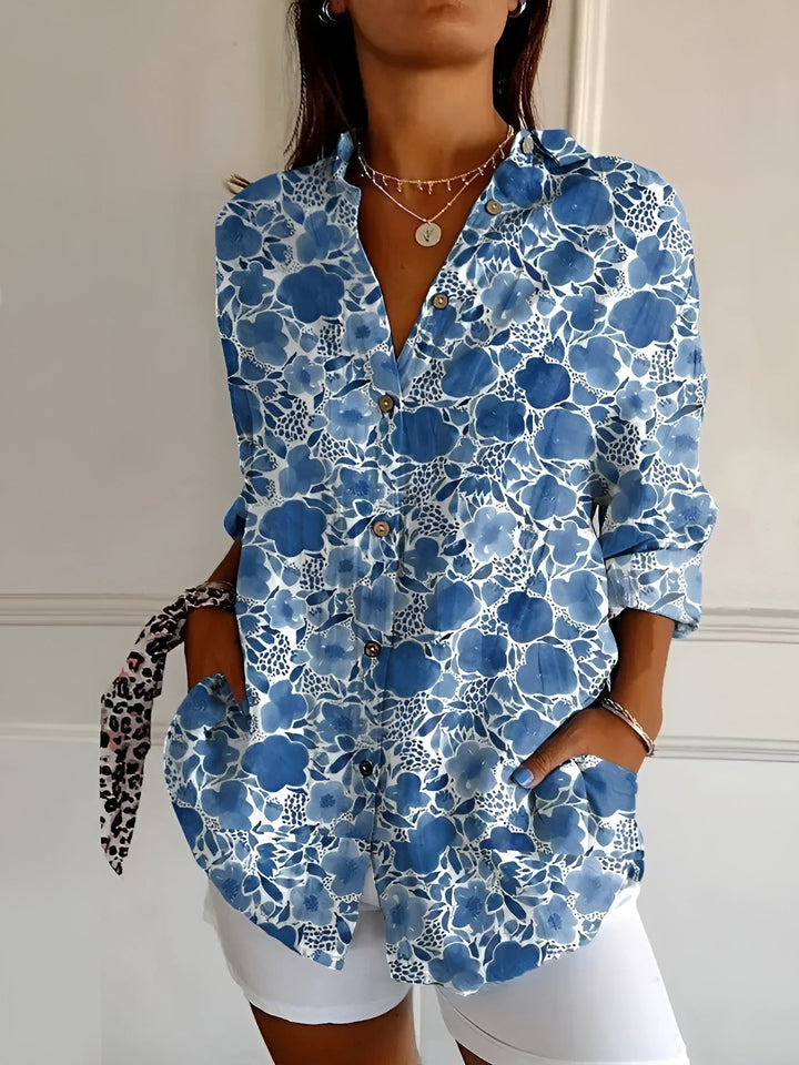 Women's Abstract Print Blouse — Split V-Neck Button-Front Roll-Up Sleeve Top
