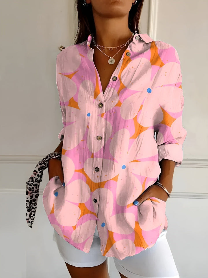 Women's Abstract Print Blouse — Split V-Neck Button-Front Roll-Up Sleeve Top