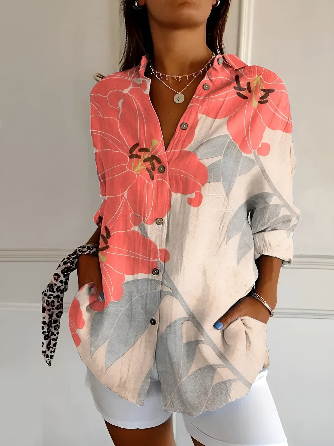 Women's Abstract Print Blouse — Split V-Neck Button-Front Roll-Up Sleeve Top