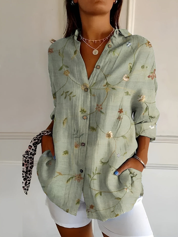 Women's Abstract Print Blouse — Split V-Neck Button-Front Roll-Up Sleeve Top