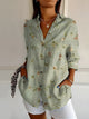 Women's Abstract Print Blouse — Split V-Neck Button-Front Roll-Up Sleeve Top