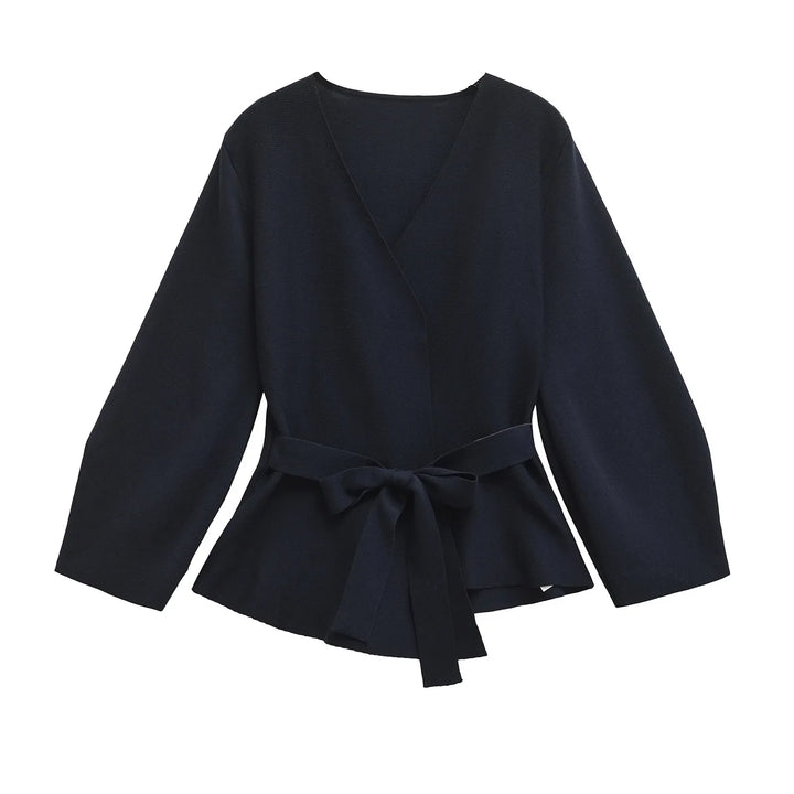 Women's wrap knit top with V-neckline, long sleeves and front tie waist