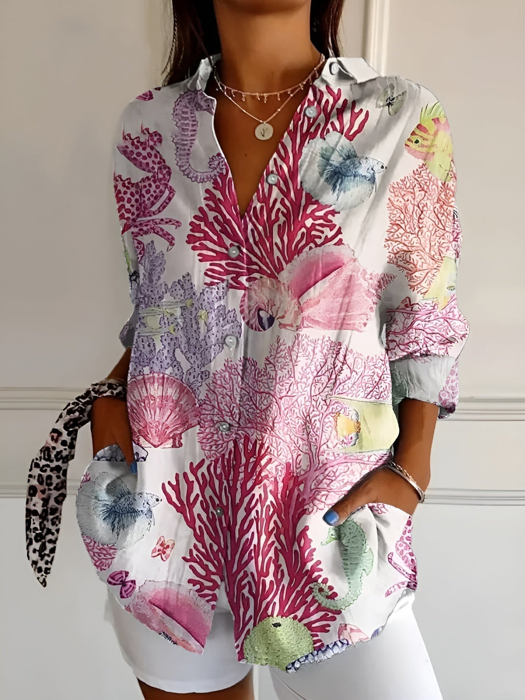 Women's Abstract Print Blouse — Split V-Neck Button-Front Roll-Up Sleeve Top