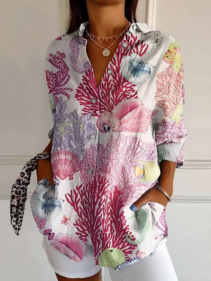 Women's Abstract Print Blouse — Split V-Neck Button-Front Roll-Up Sleeve Top