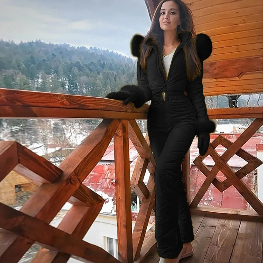Women's quilted full-length ski suit with hood, belt and long sleeves