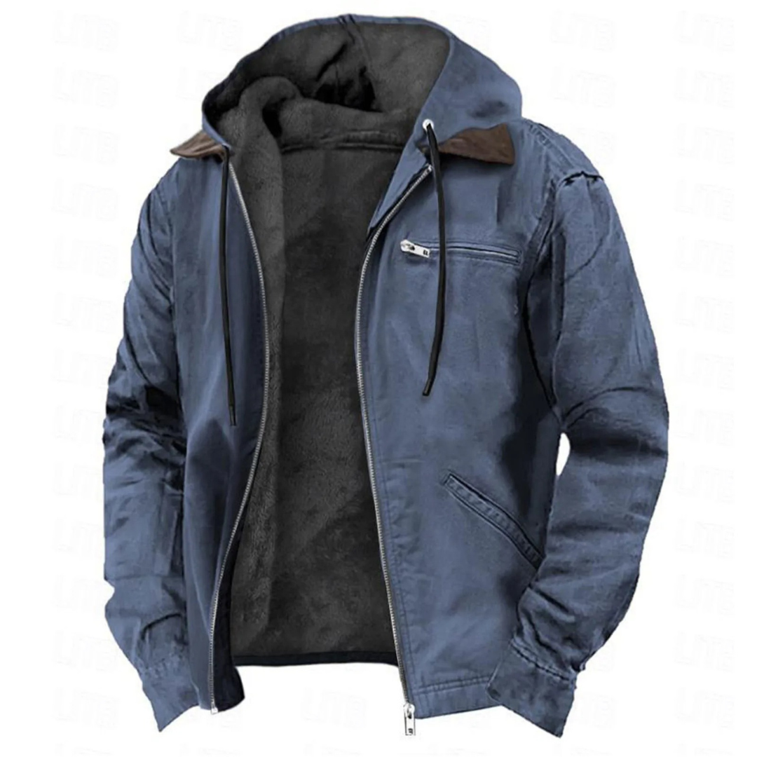 Men's hooded zip front jacket with long sleeves and multiple pockets