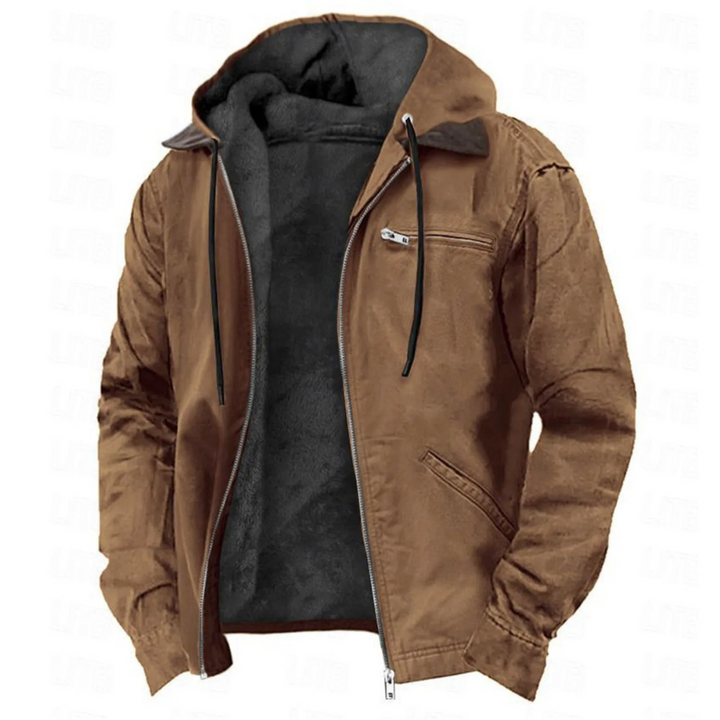 Men's hooded zip front jacket with long sleeves and multiple pockets