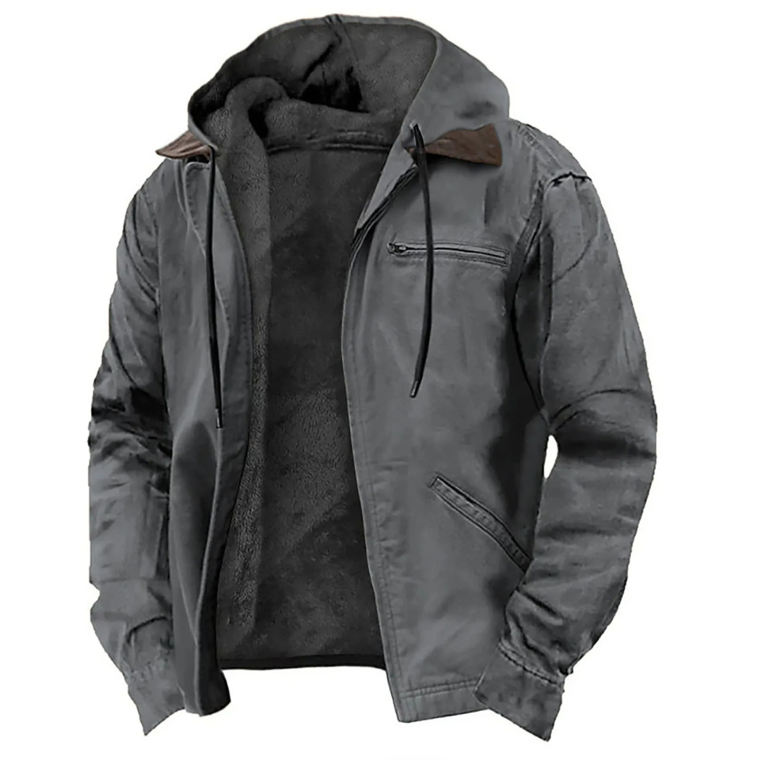 Men's hooded zip front jacket with long sleeves and multiple pockets