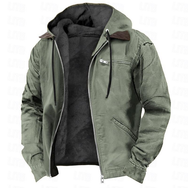 Men's hooded zip front jacket with long sleeves and multiple pockets