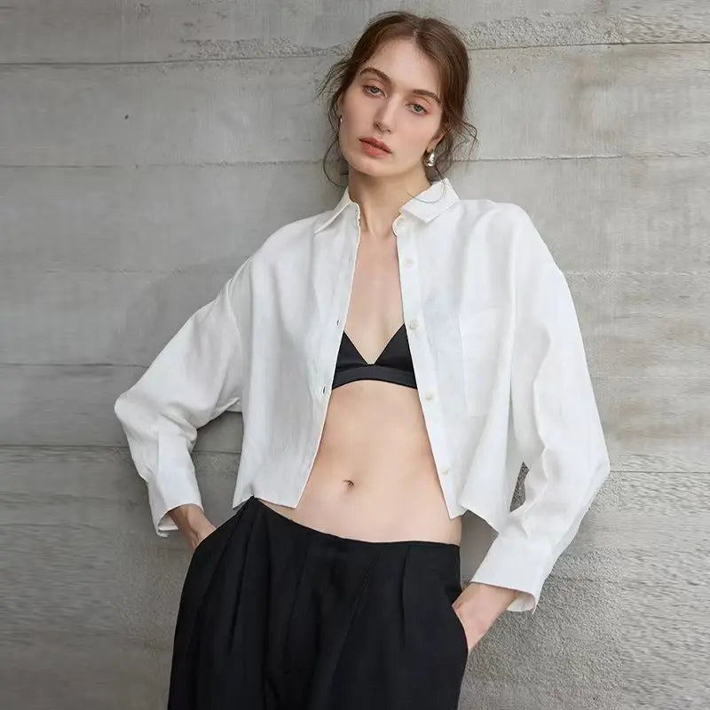 Women's Cropped Oversized Button-Down Shirt — Collared Summer Top