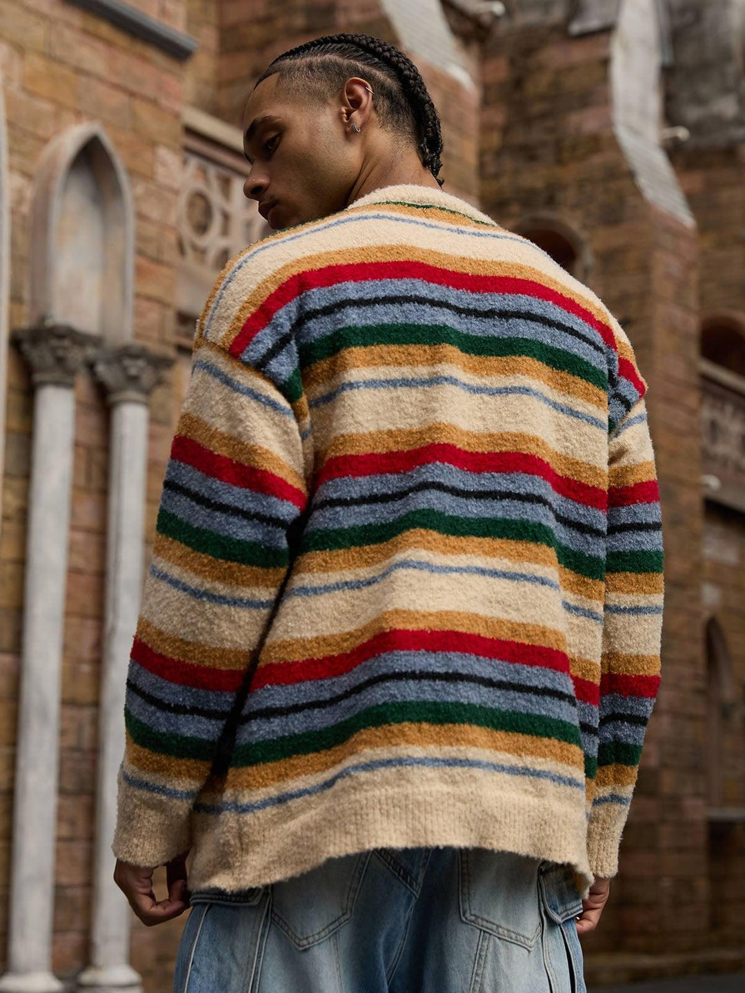 Striped crew neck jumper with long sleeves and chest text