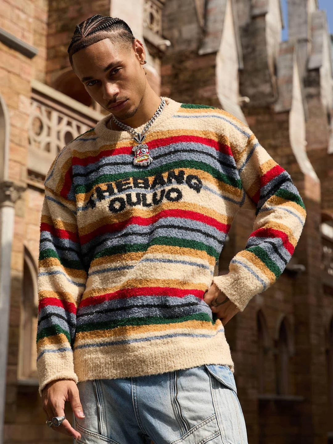 Striped crew neck jumper with long sleeves and chest text
