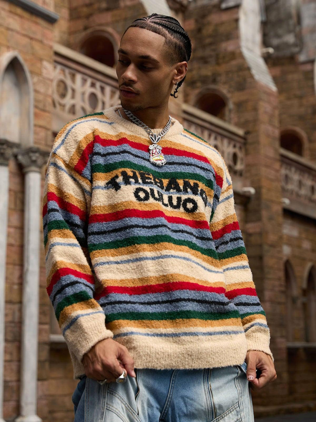 Striped crew neck jumper with long sleeves and chest text