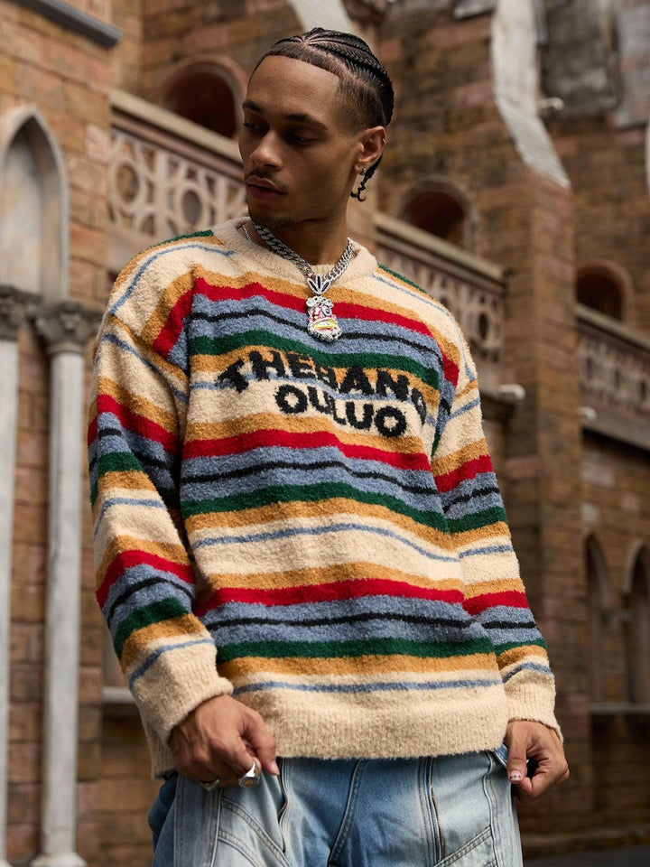 Striped crew neck jumper with long sleeves and chest text