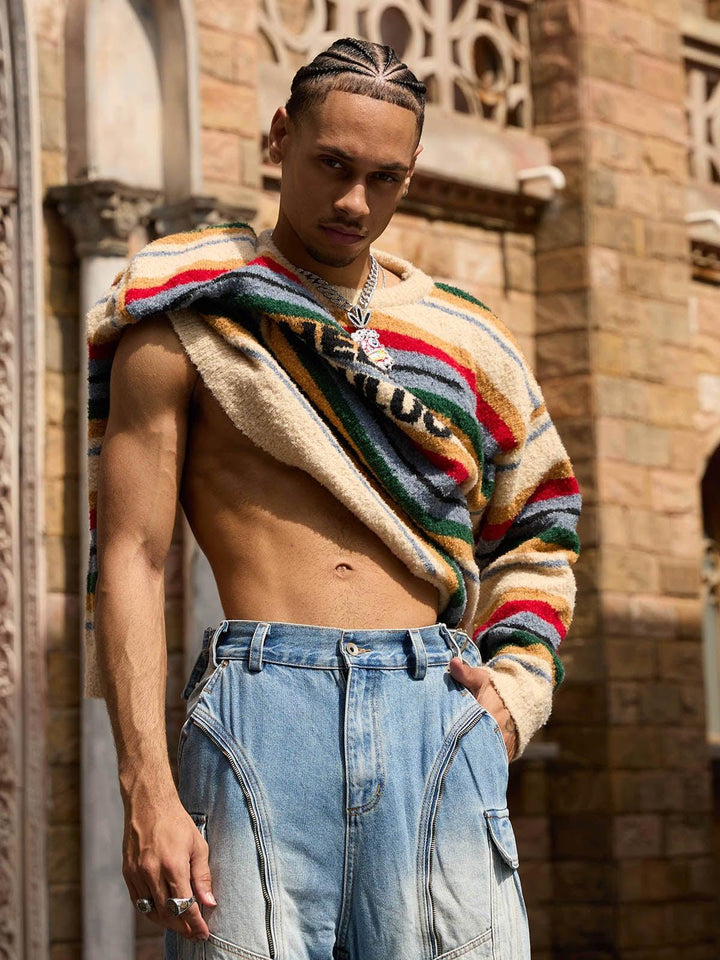 Striped crew neck jumper with long sleeves and chest text