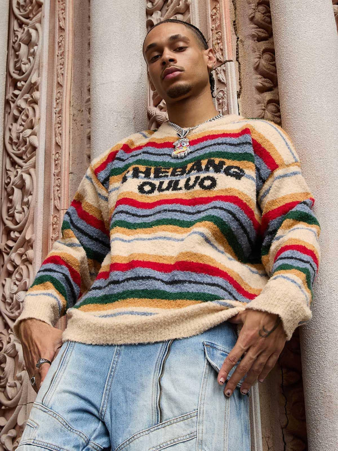 Striped crew neck jumper with long sleeves and chest text