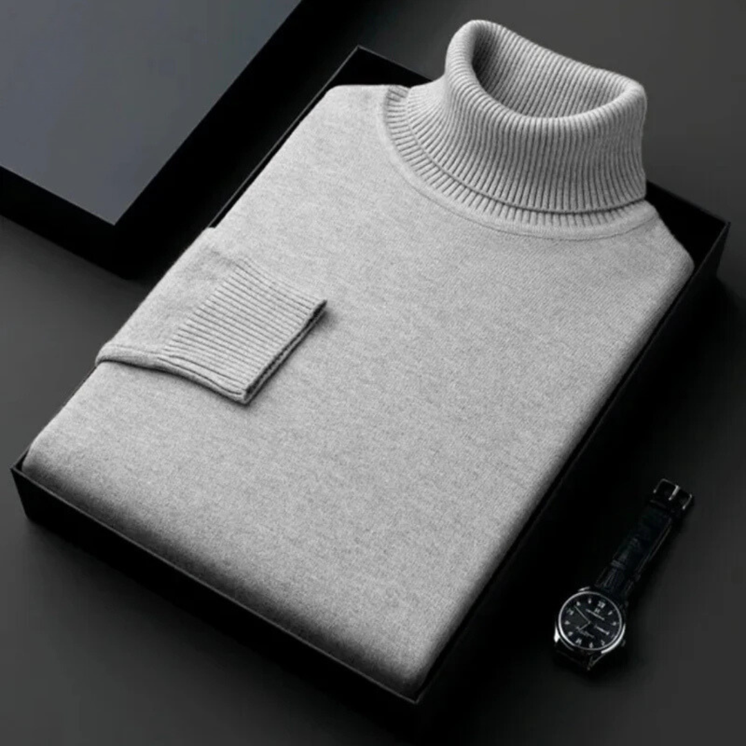 Men's ribbed turtleneck jumper folded in a presentation box