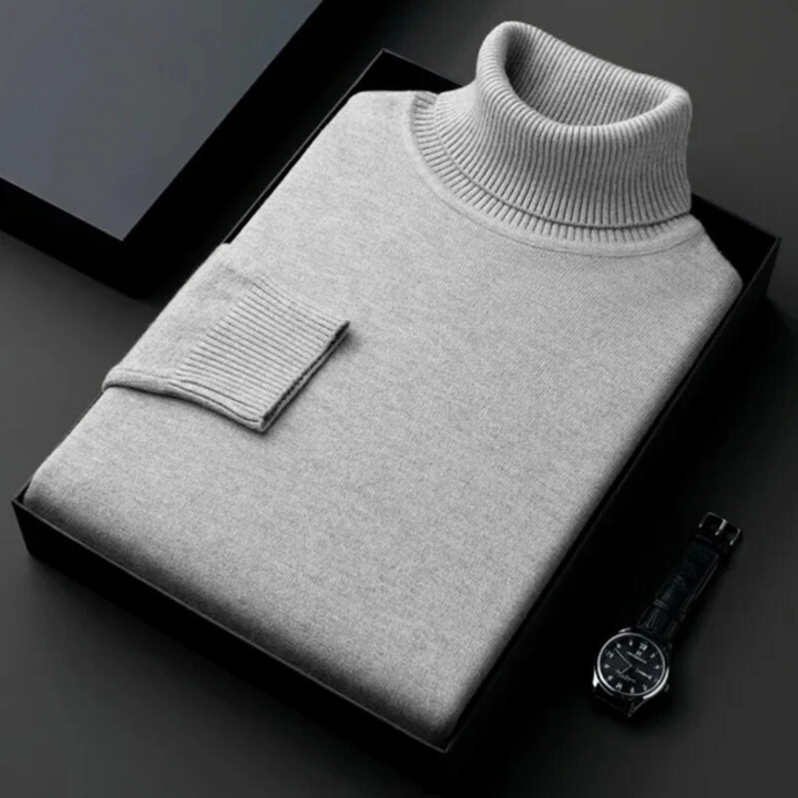 Men's ribbed turtleneck jumper folded in a presentation box