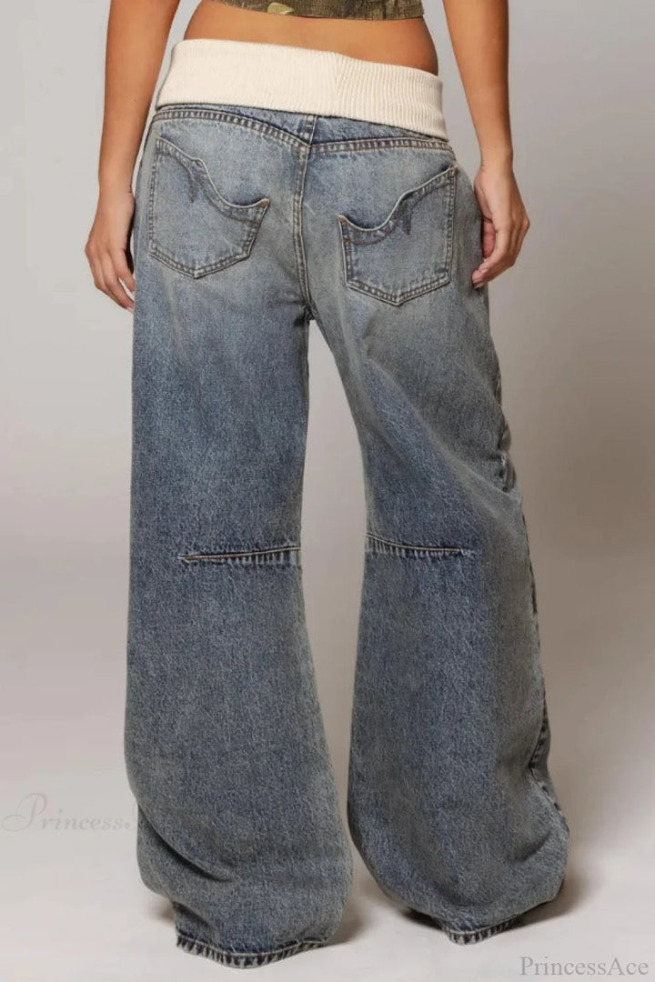 Women's washed blue wide leg jeans