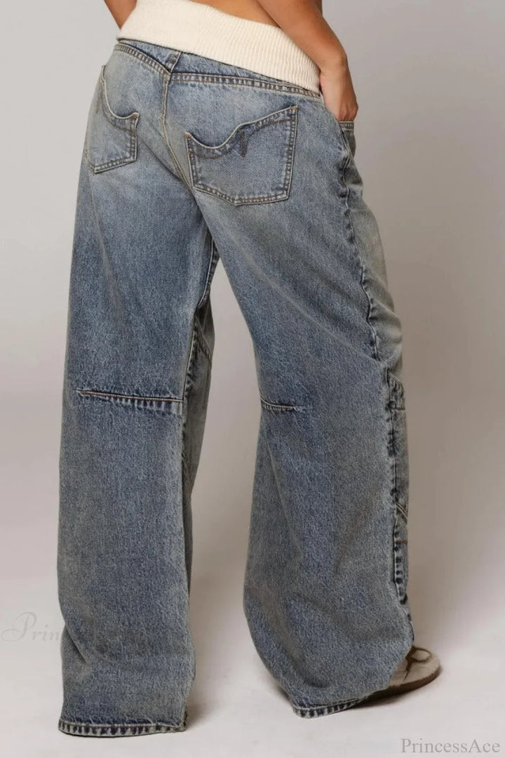 Women's washed blue wide leg jeans